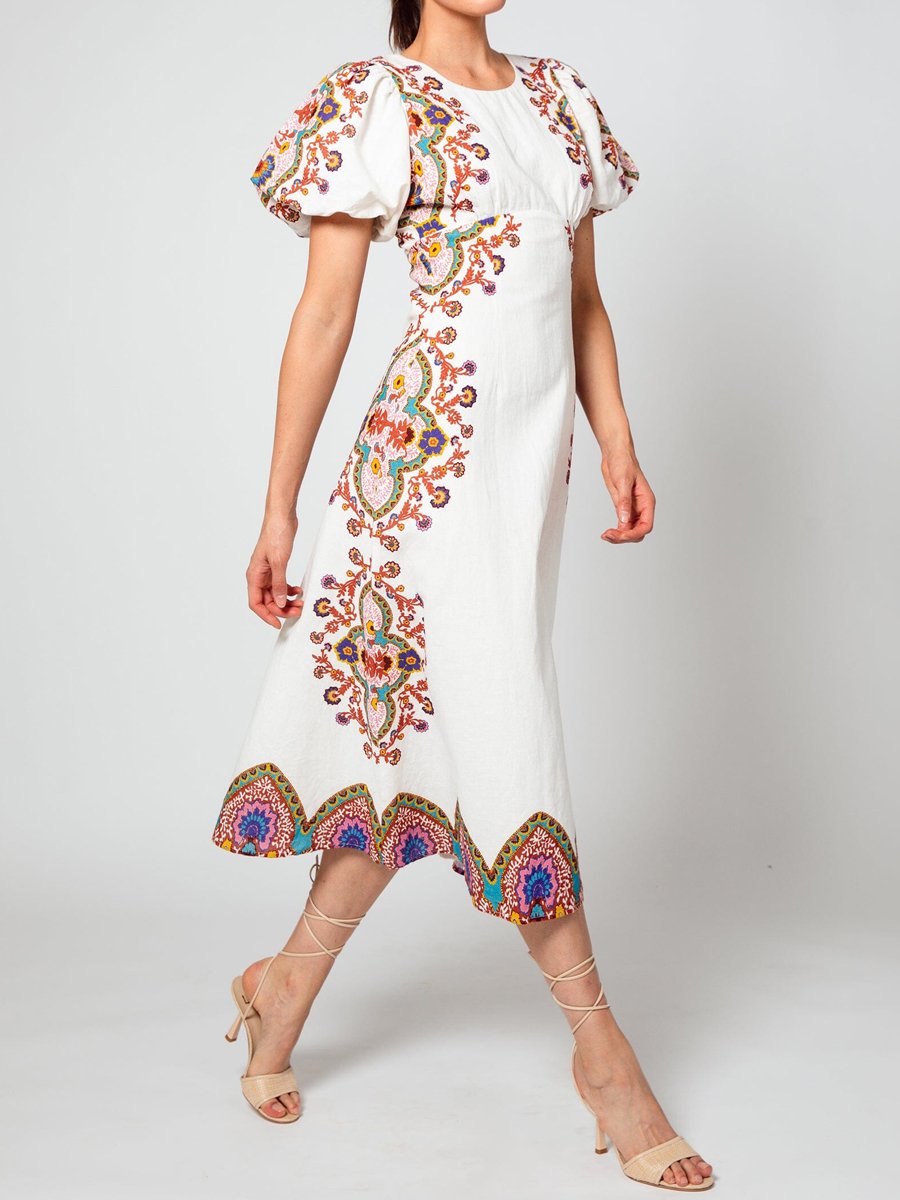 Puff Sleeve Placement Print Dress