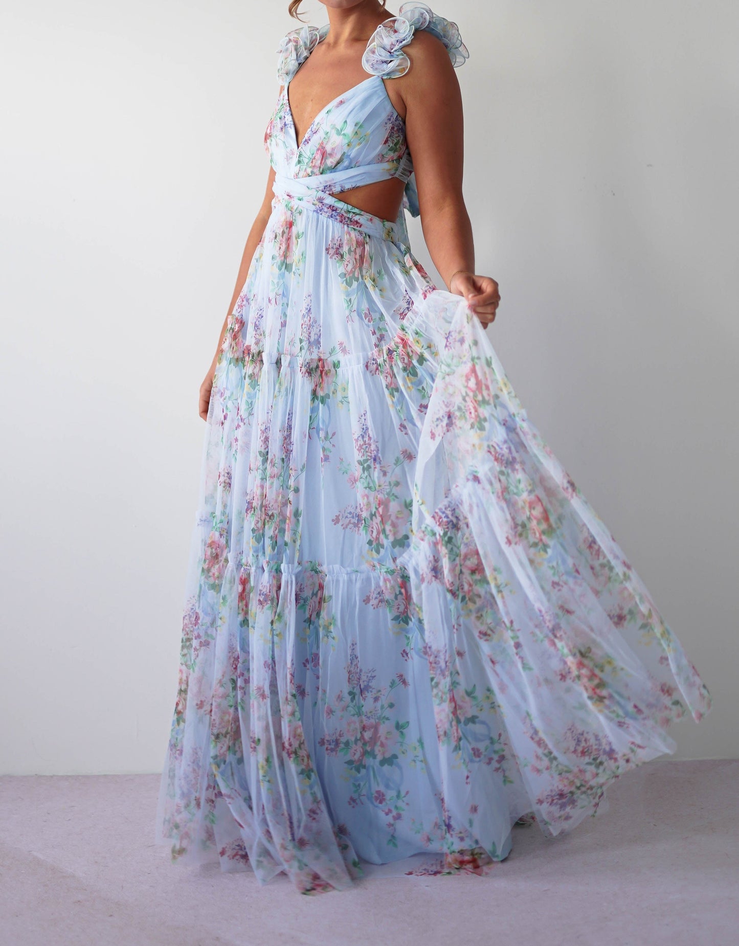 FLORAL PRINT TULLE MAXI DRESS