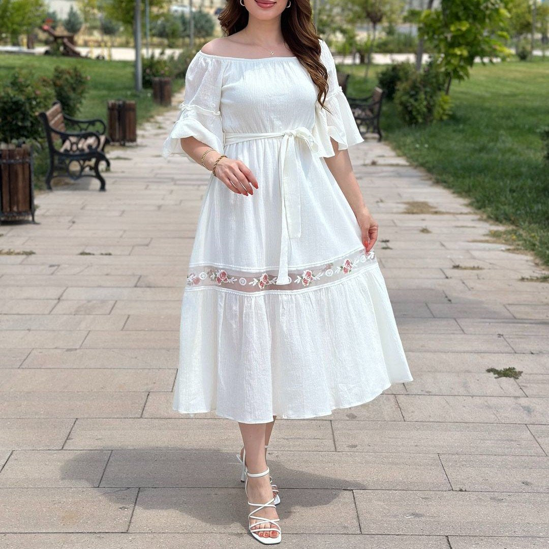 Ruffle-Sleeve Lace-Up Midi Dress