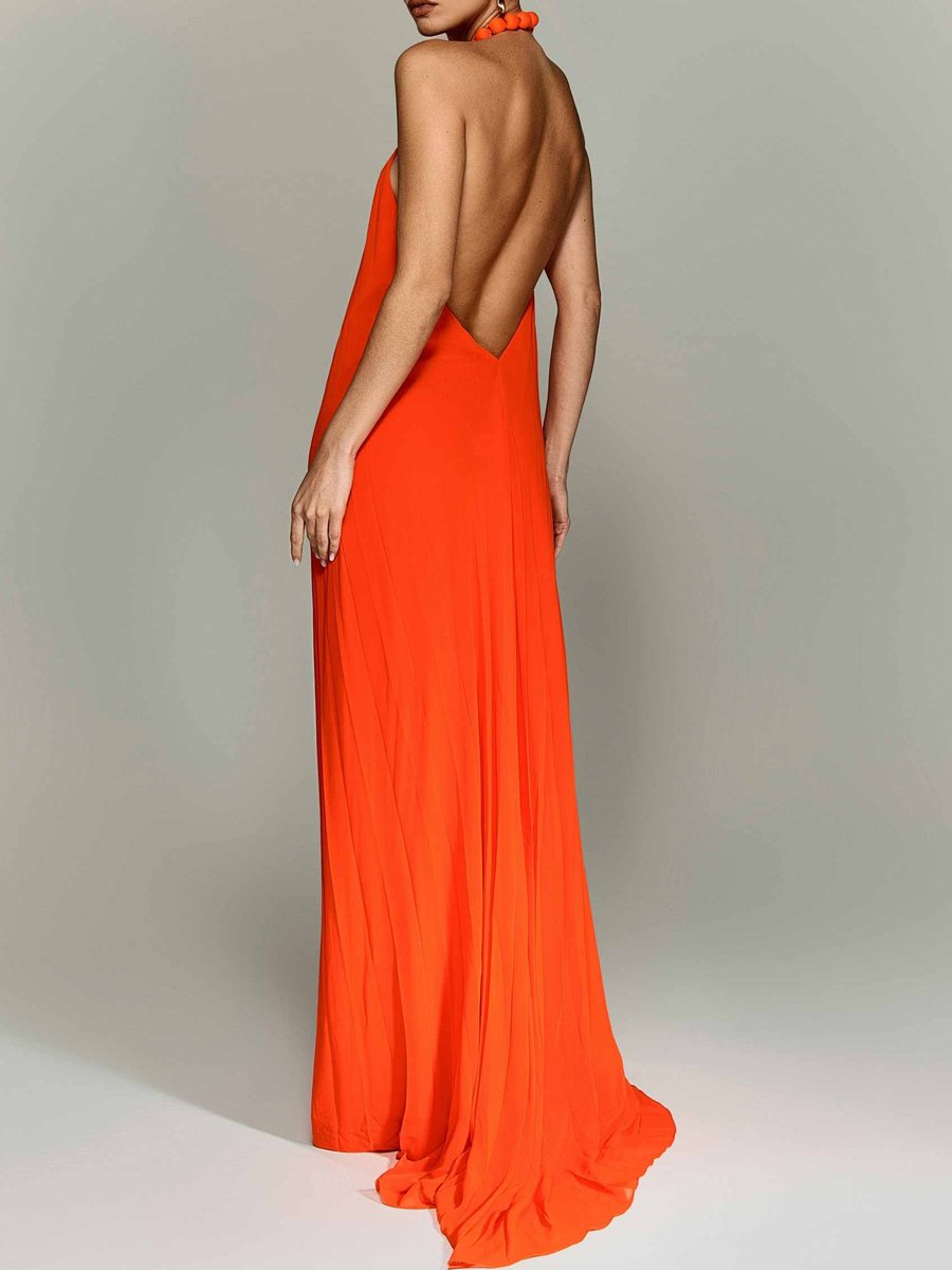 Halter Neck Backless Pleated Maxi Dress