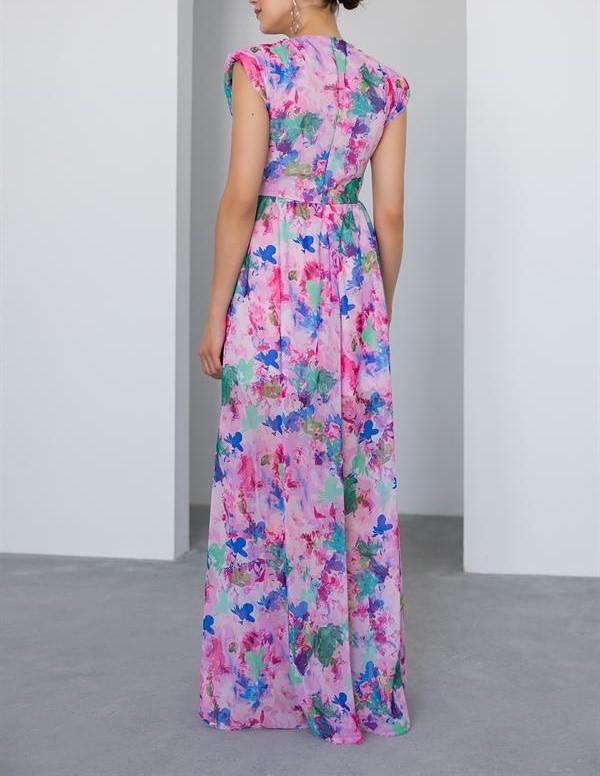 Open-shoulder Printed Chiffon Dress