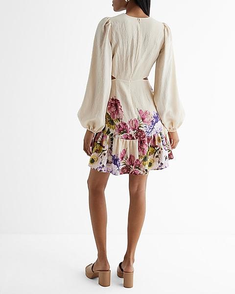 Floral V-Neck Long Puff Sleeve Cutout Mini Dress