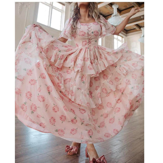 Floral Print Pleated Tiered Maxi Dress