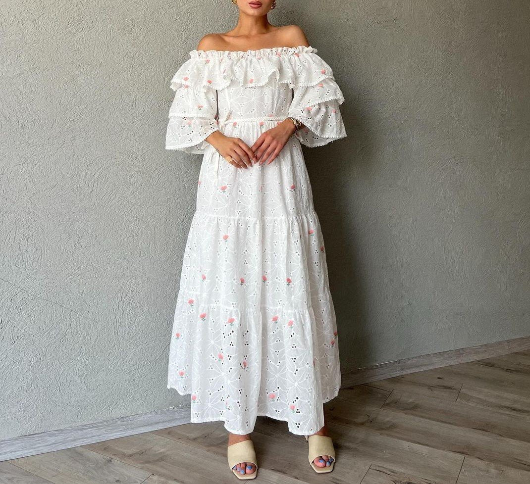 Ruffled Open-Shoulder Embroidered Dress