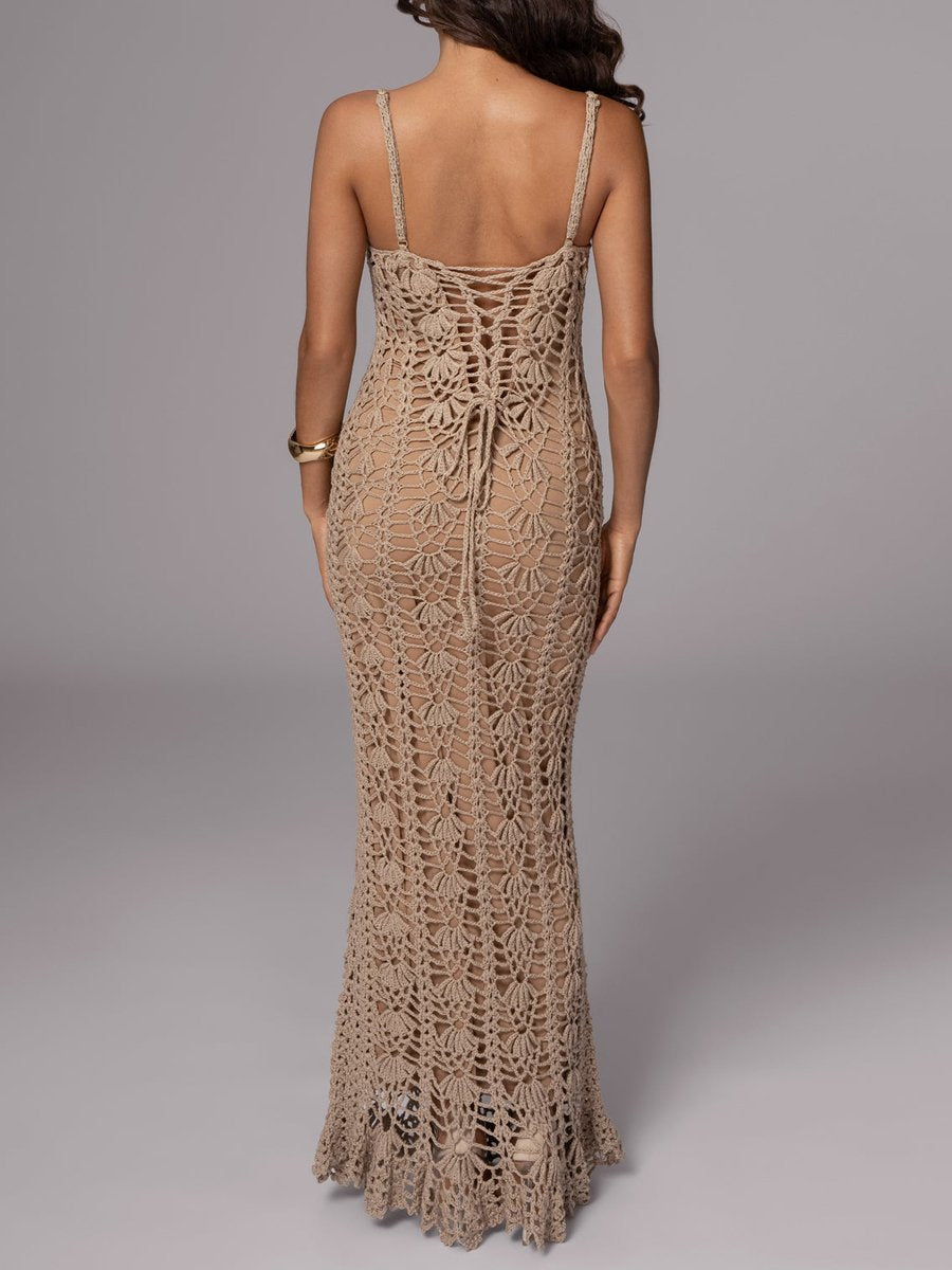 See-through Knit Backless Maxi Dress