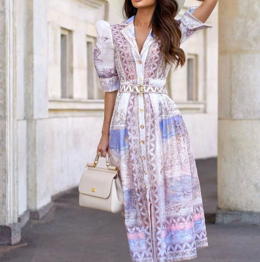 V Neck Puff Sleeve Floral-print Dress