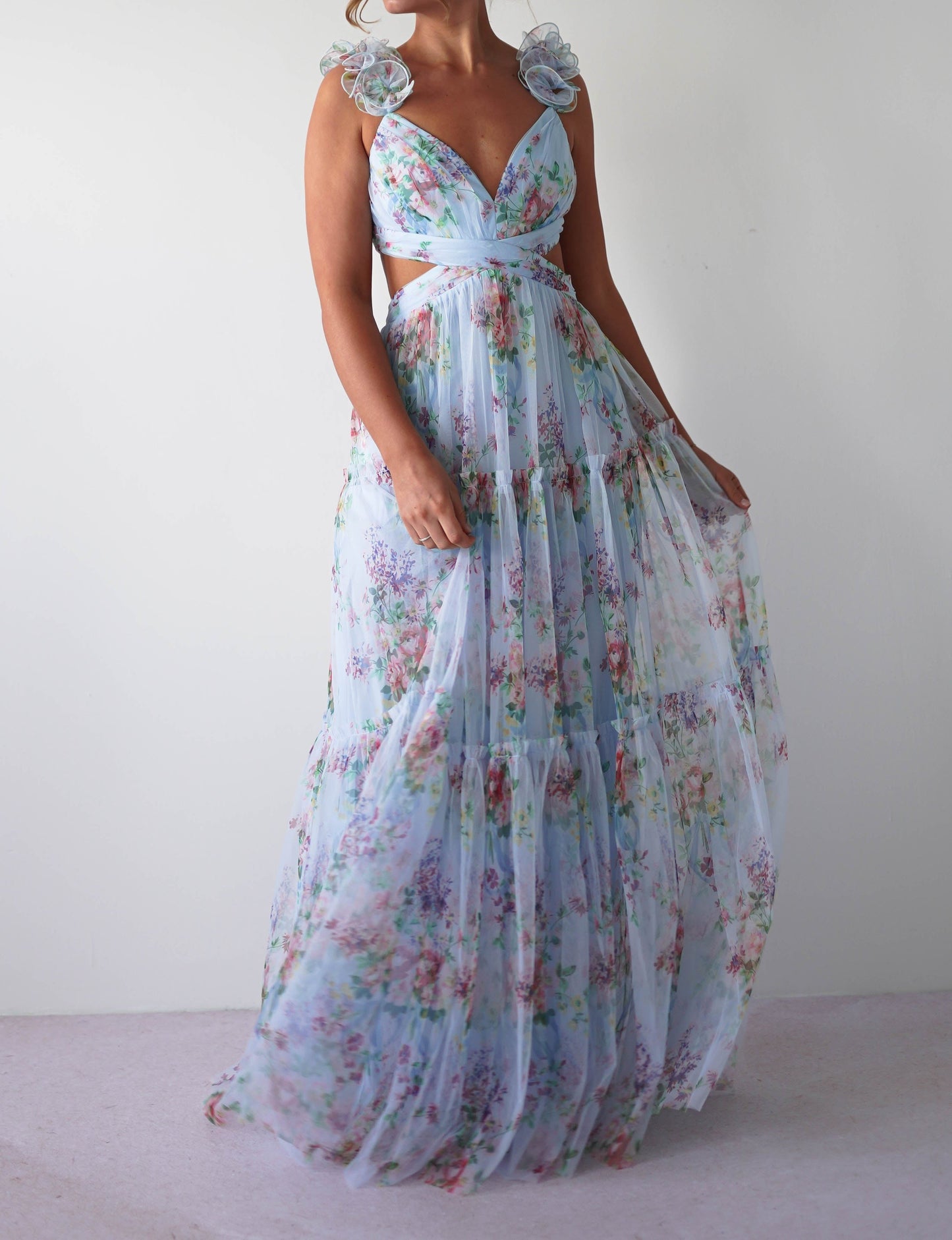 FLORAL PRINT TULLE MAXI DRESS