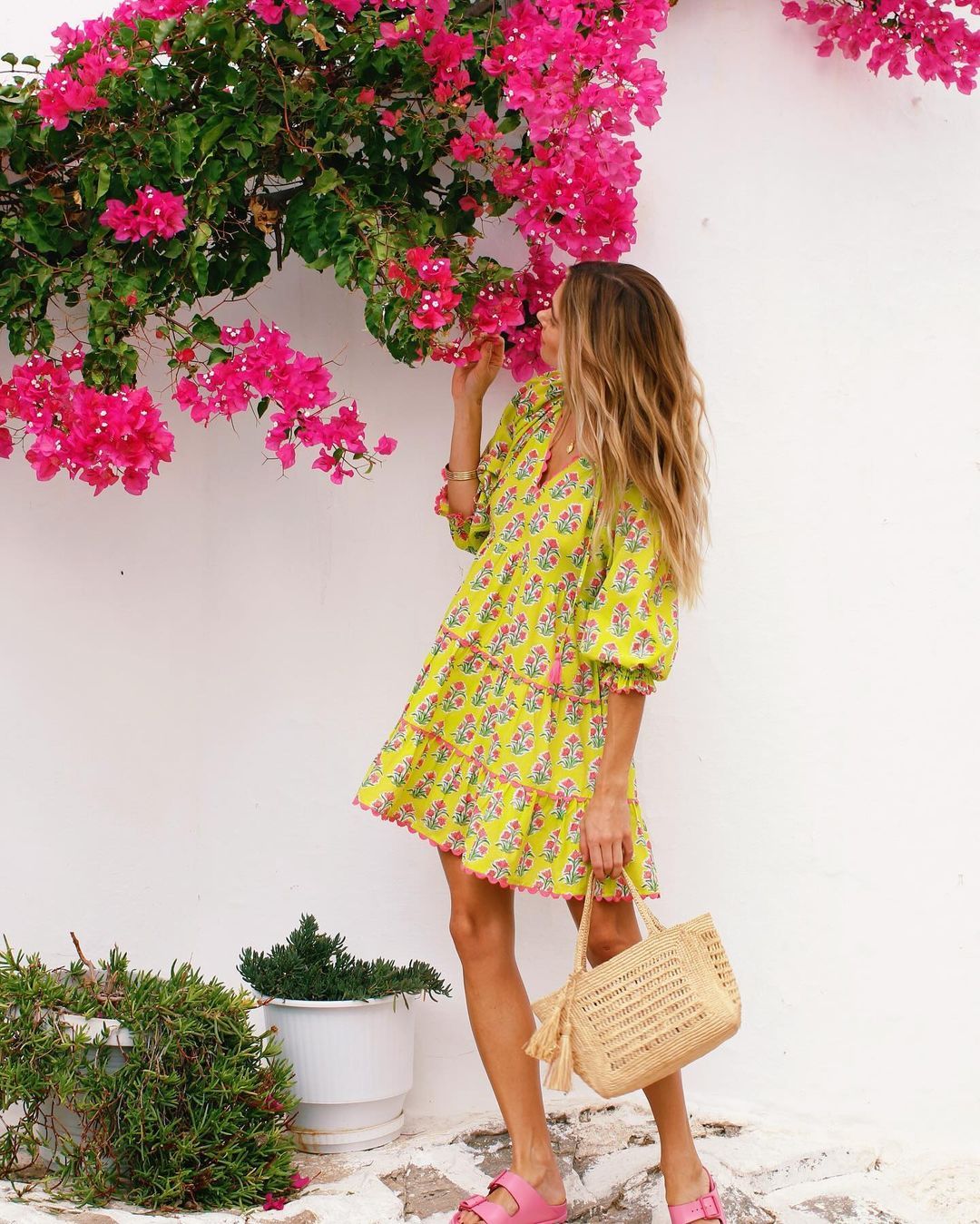 Yellow V Neck Printed Mini Dress