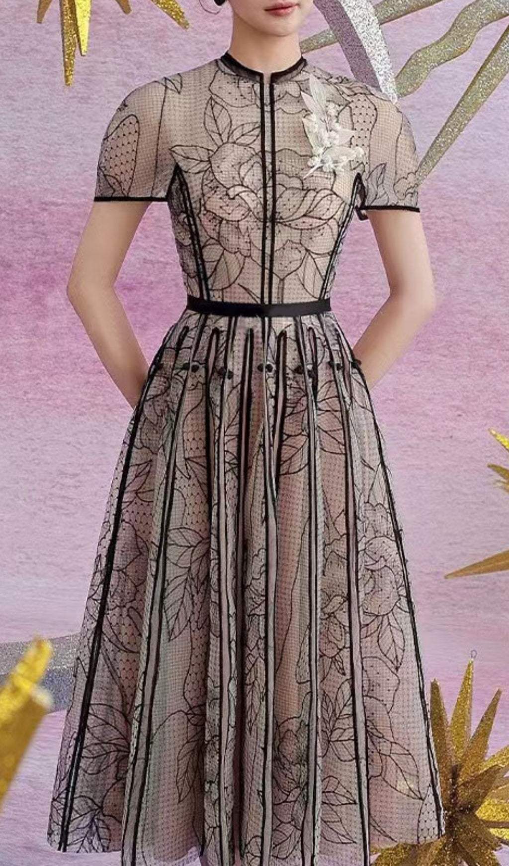 EMBROIDERY LACE MIDI DRESS