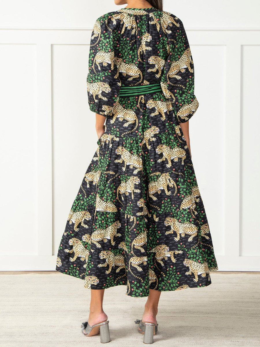 Split Neck Printed Belted Maxi Dress