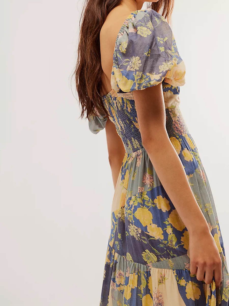 Digital Printed Bohemian Floral Patchwork V Neck Dress