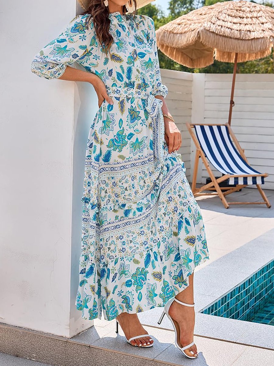 Floral Print Casual Slit Hem Bohemian Dress