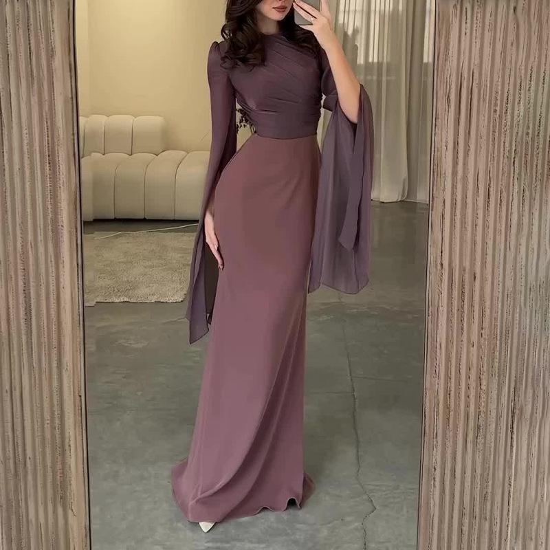 Slim-Fit Large Sleeve Round Neck Gown