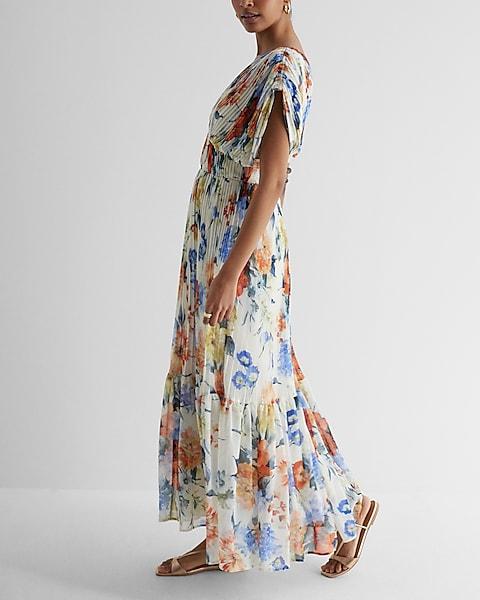 Floral Draped Sleeve Pleated Maxi Dress