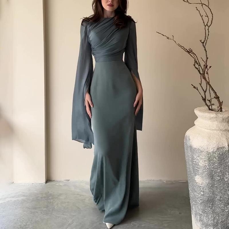 Slim-Fit Large Sleeve Round Neck Gown