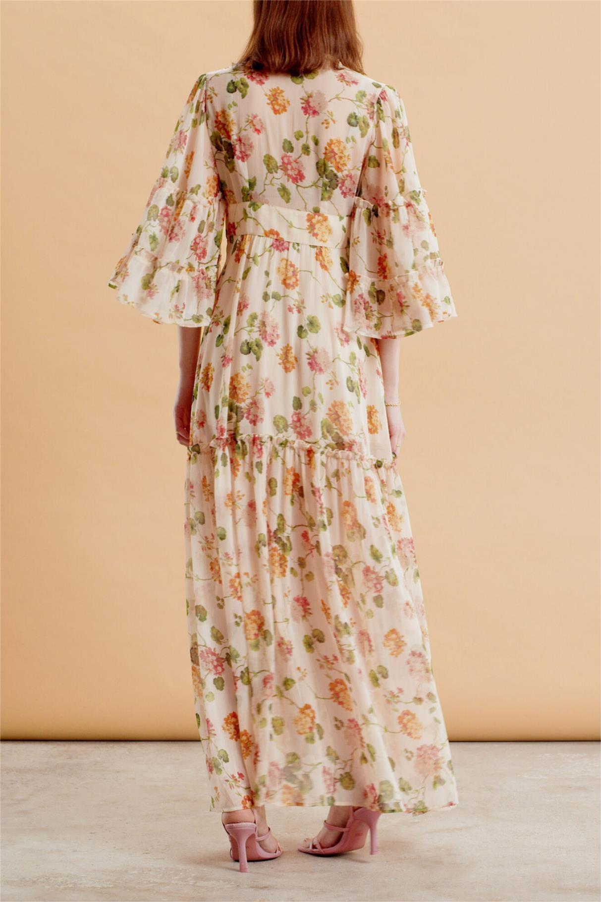 Floral V-Neck Mid Sleeve Maxi Dress