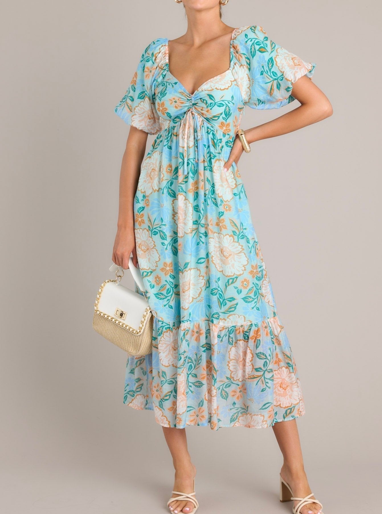 LIGHT BLUE PUFF SLEEVE MIDI DRESS