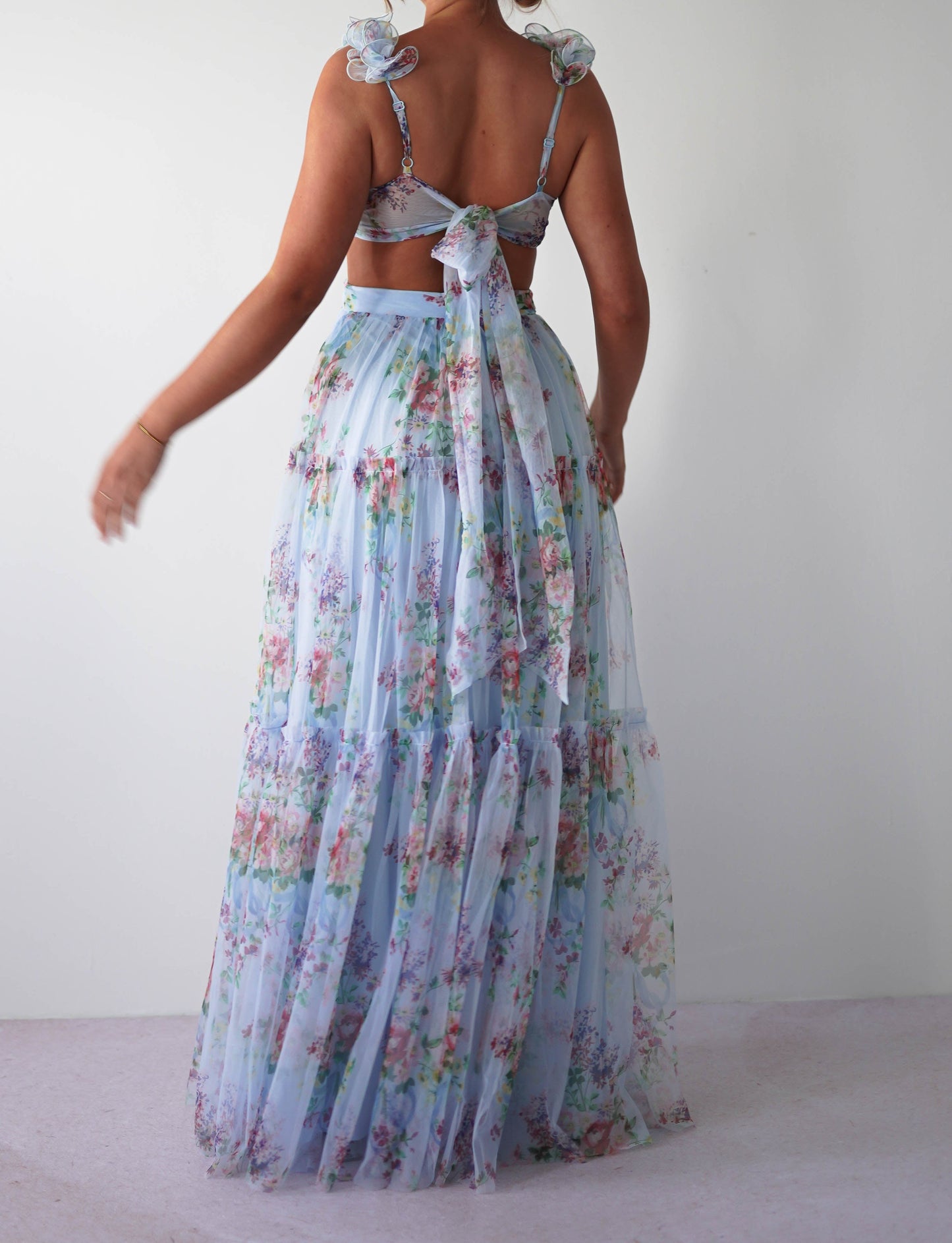 FLORAL PRINT TULLE MAXI DRESS