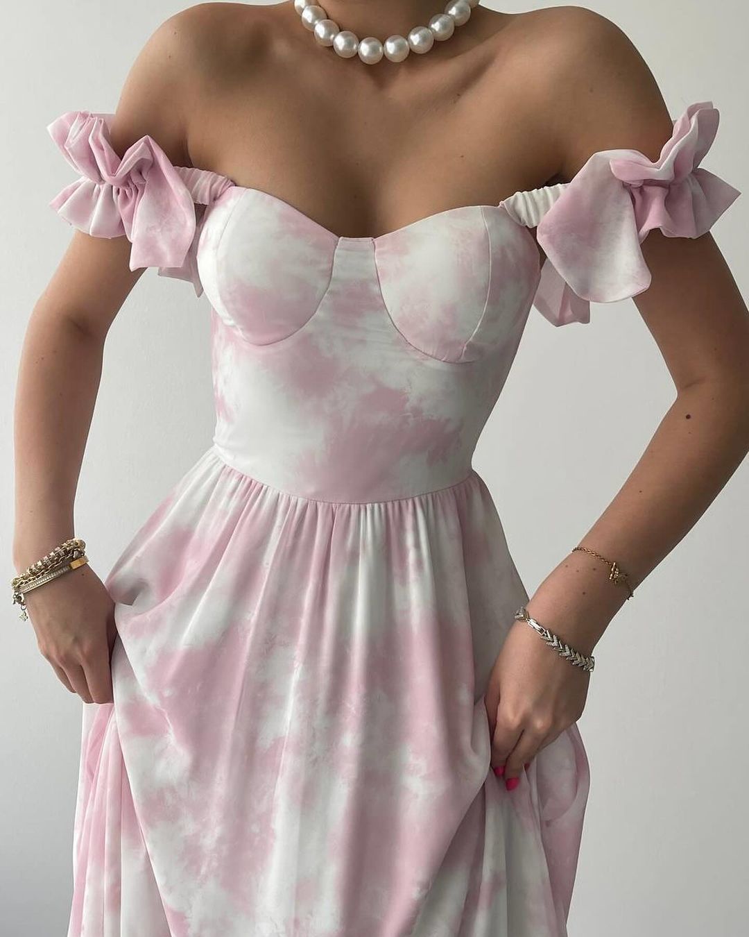 Pink Floral Chiffon Midi Dress