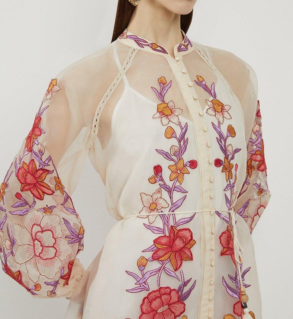 Floral Embroidery Organdie Woven Mini Dress