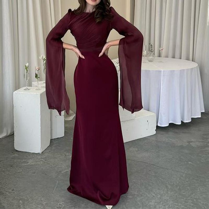 Slim-Fit Large Sleeve Round Neck Gown