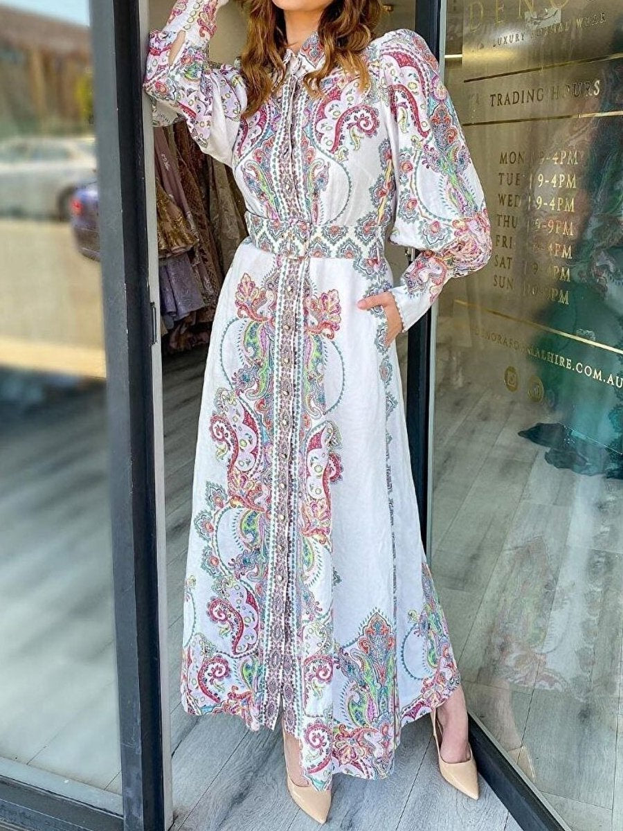 Placement Print Long Sleeve Maxi Dress