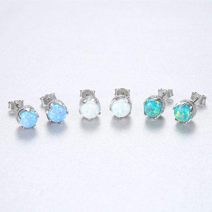 CZ Diamond 5MM Ball Opal Stud Earrings