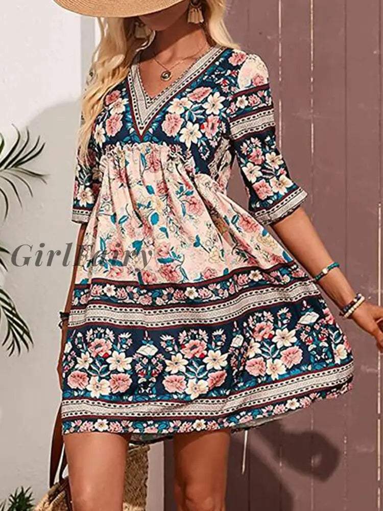 Summer Short Sleeve V Neck Mini Dress