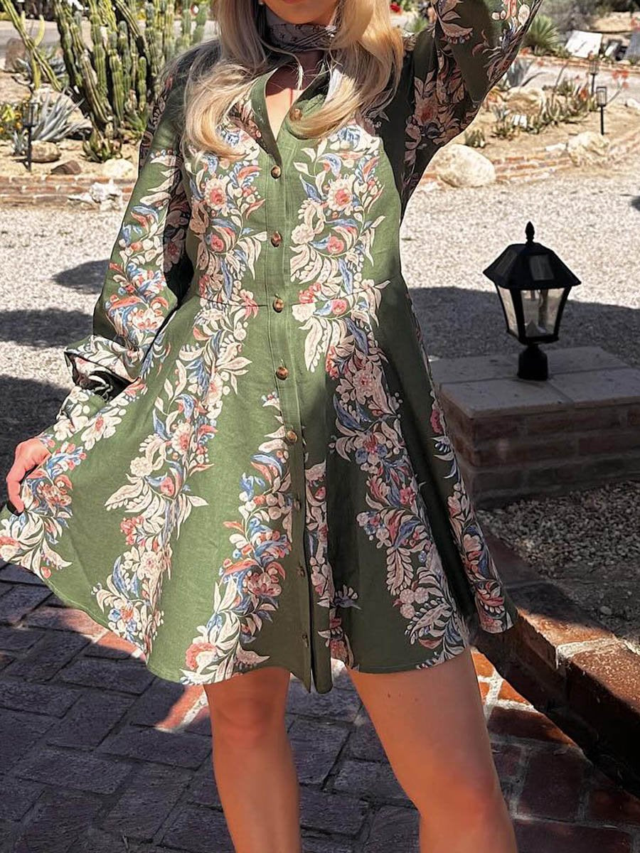 Floral Border Printed Balloon Sleeve Mini Dress