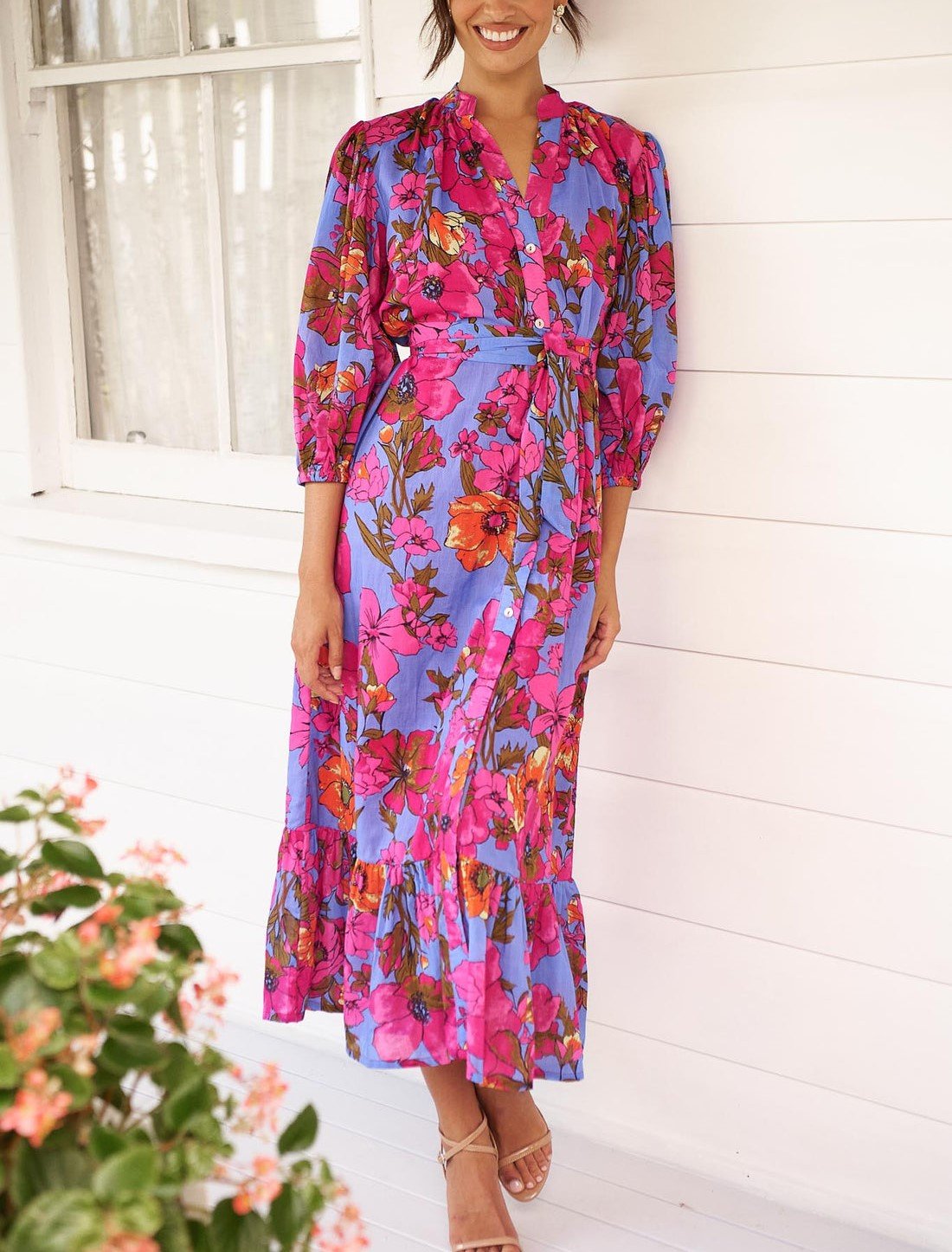 V-Neck Printed Shirt Long Dress