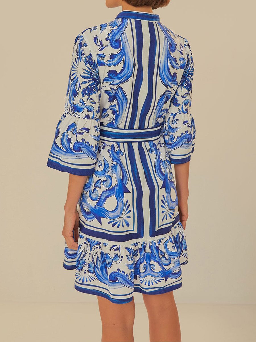 Printed Flare Sleeve Belted Mini Dress