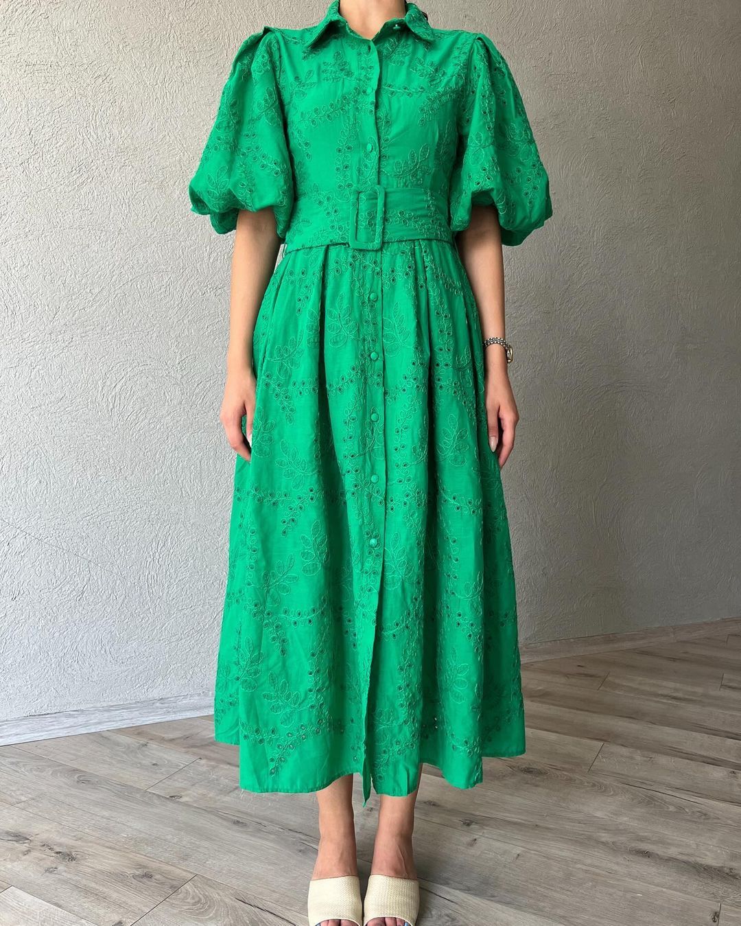 Green Bubble Sleeve Midi Shirt Dress