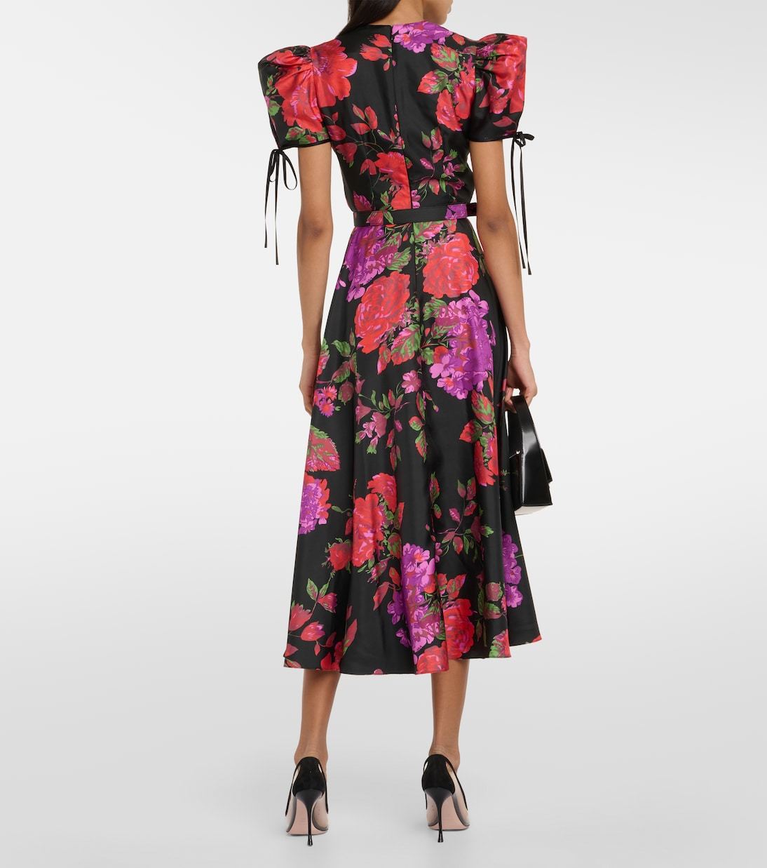 Printed Bubble Sleeve Silk Midi Dress