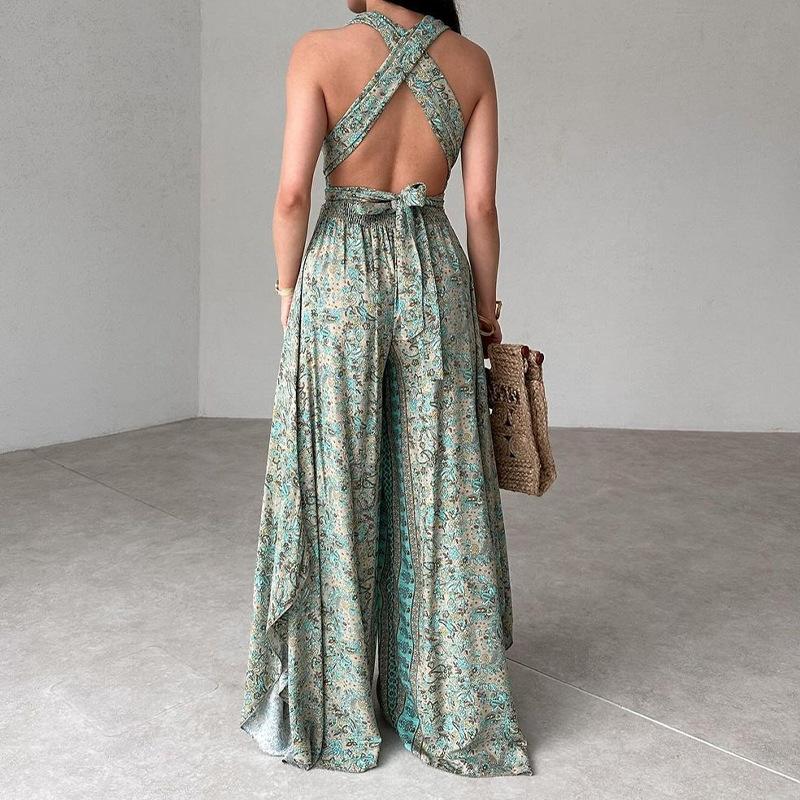 Backless Tie-Drawn Print Jumpsuit