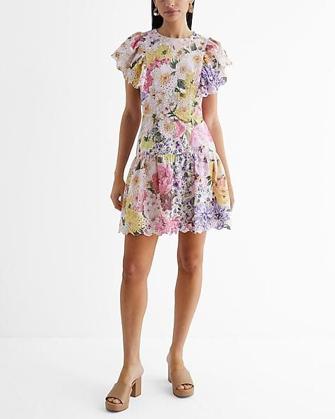 Floral Eyelet Flutter Sleeve Mini Fit And Flare Dress