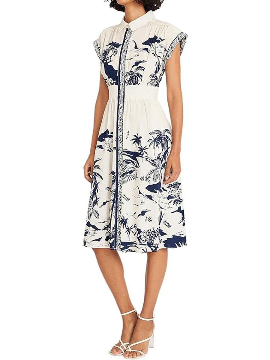 Collared Neck Printed Midi Dress