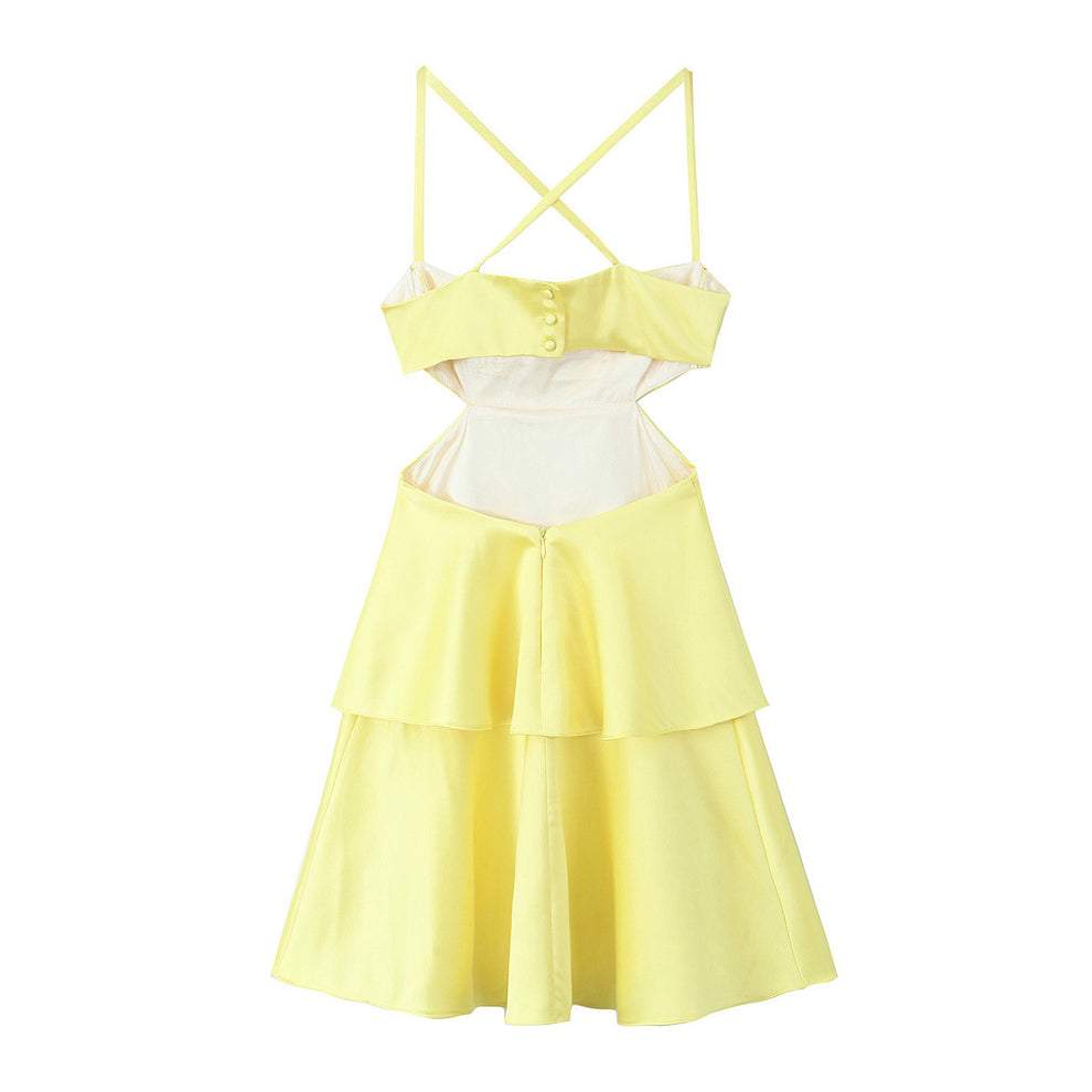 Yellow Tiered Ruffle Drop Waist Spaghetti Strap Backless Mini Dress