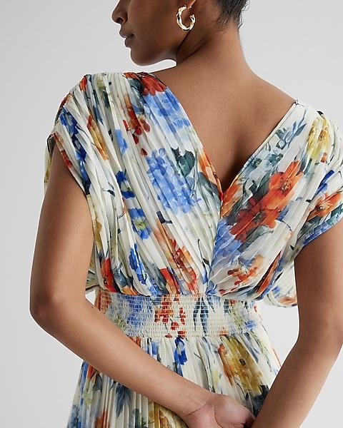 Floral Draped Sleeve Pleated Maxi Dress