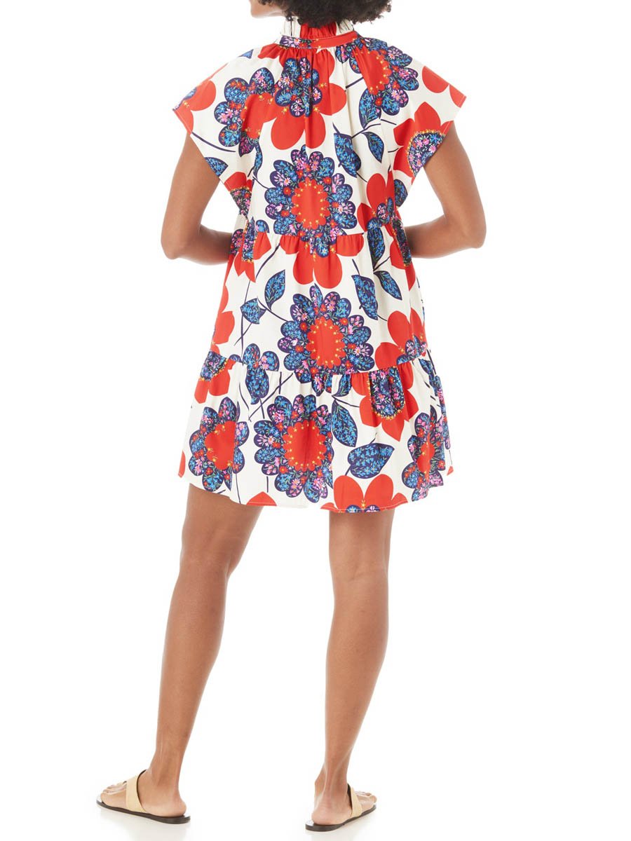 Flutter Sleeve Ruffled Collar Printed Dress