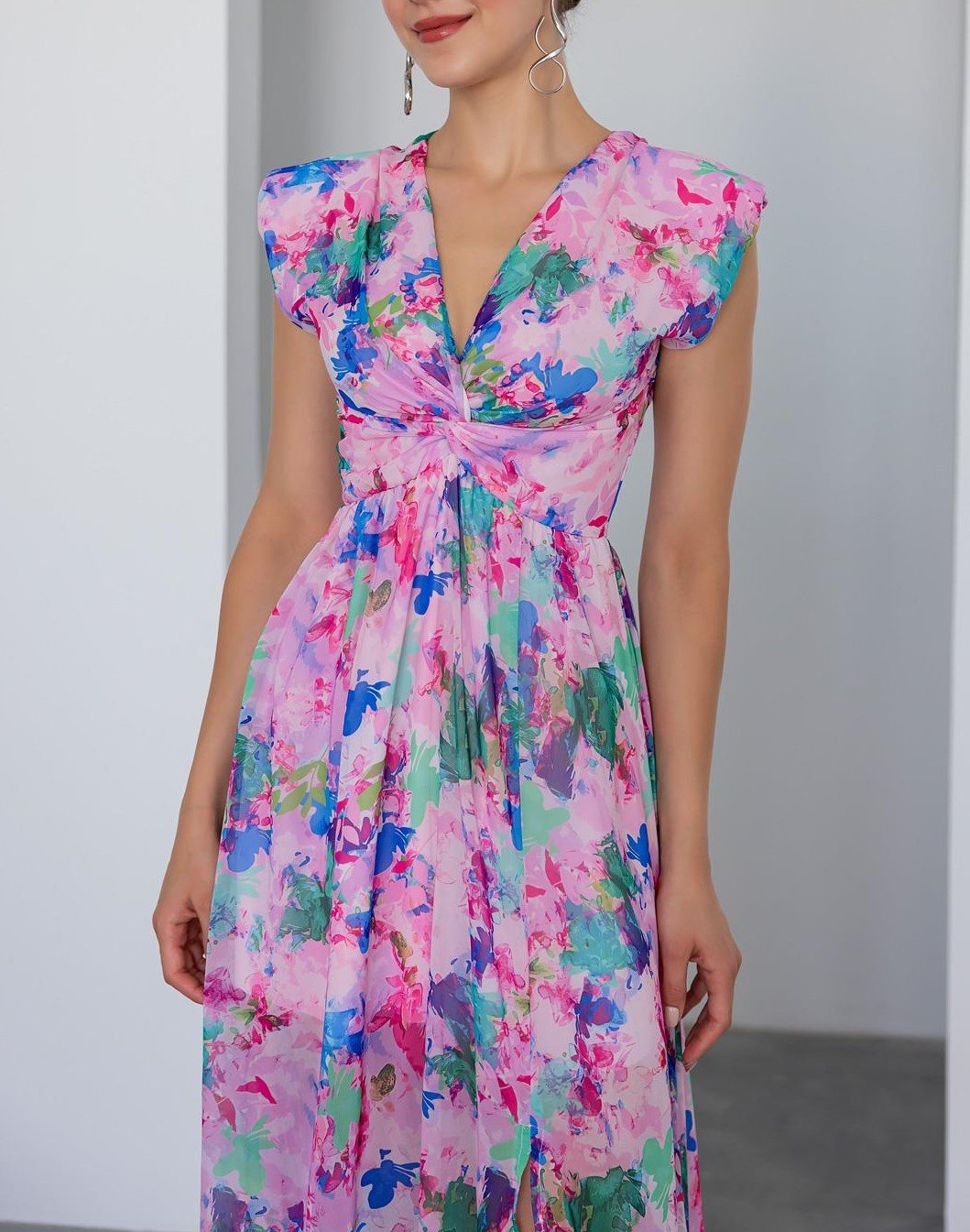 Open-shoulder Printed Chiffon Dress