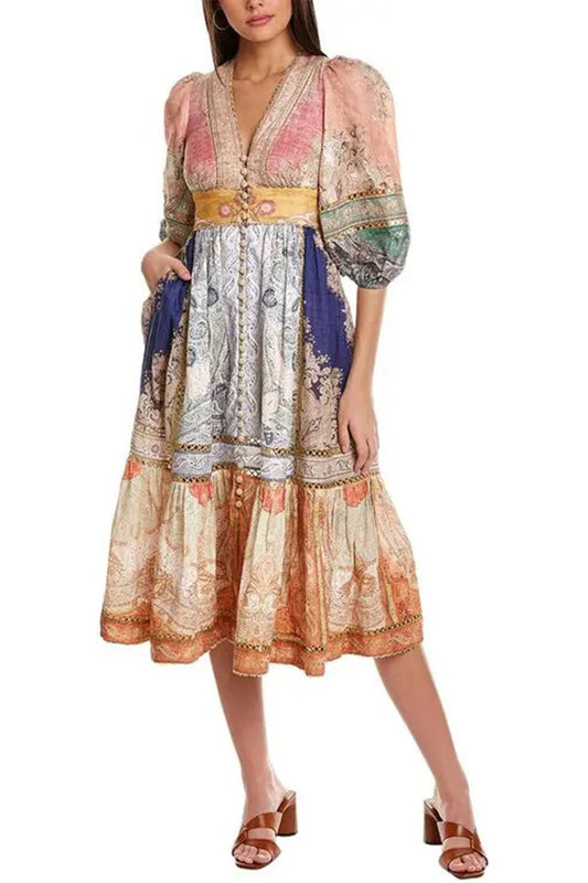 Special Ethnic Print Puff Sleeve V Neck Maxi Dress