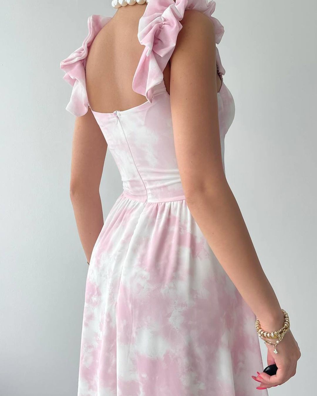 Pink Floral Chiffon Midi Dress