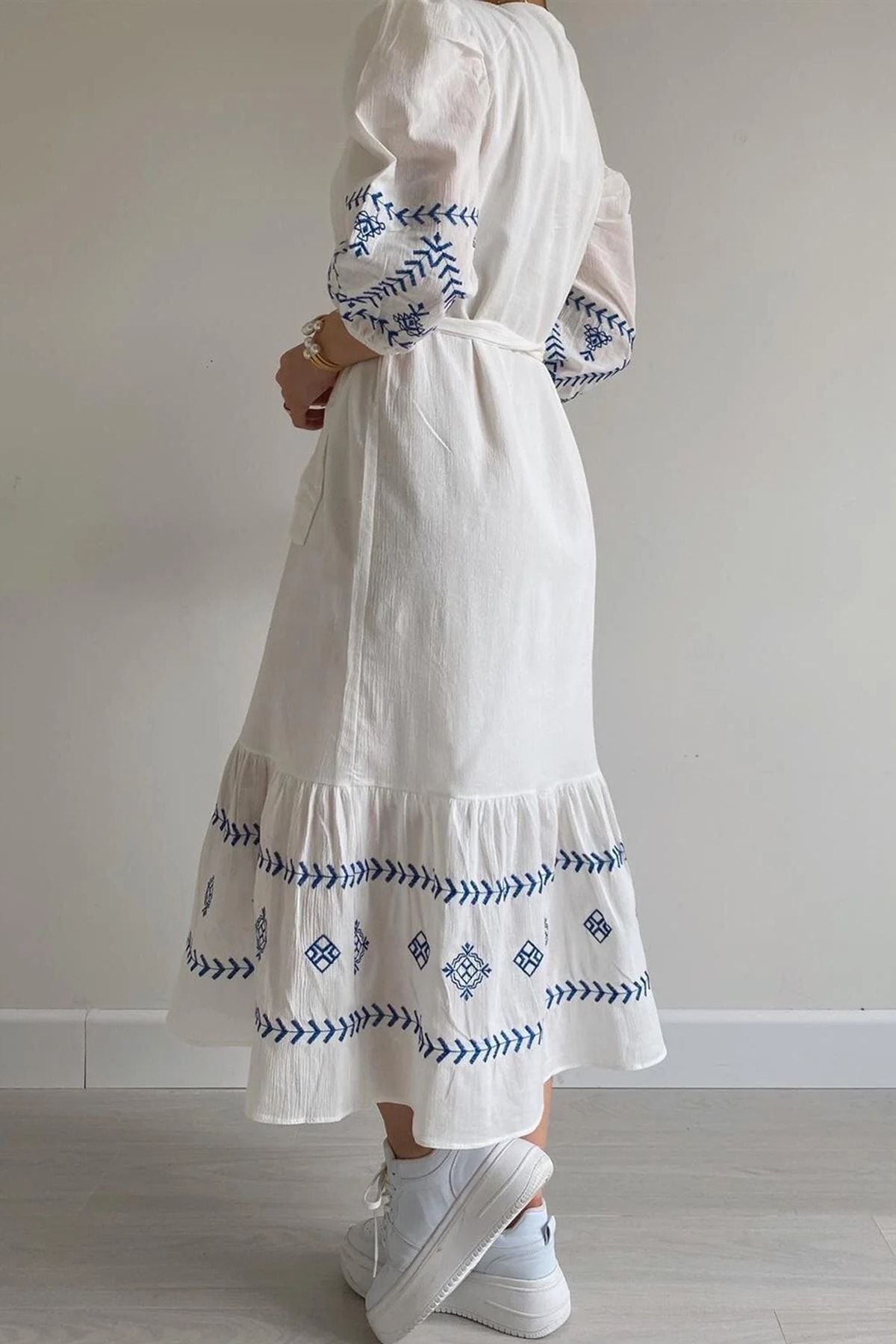 White Blue Embroidered Dress