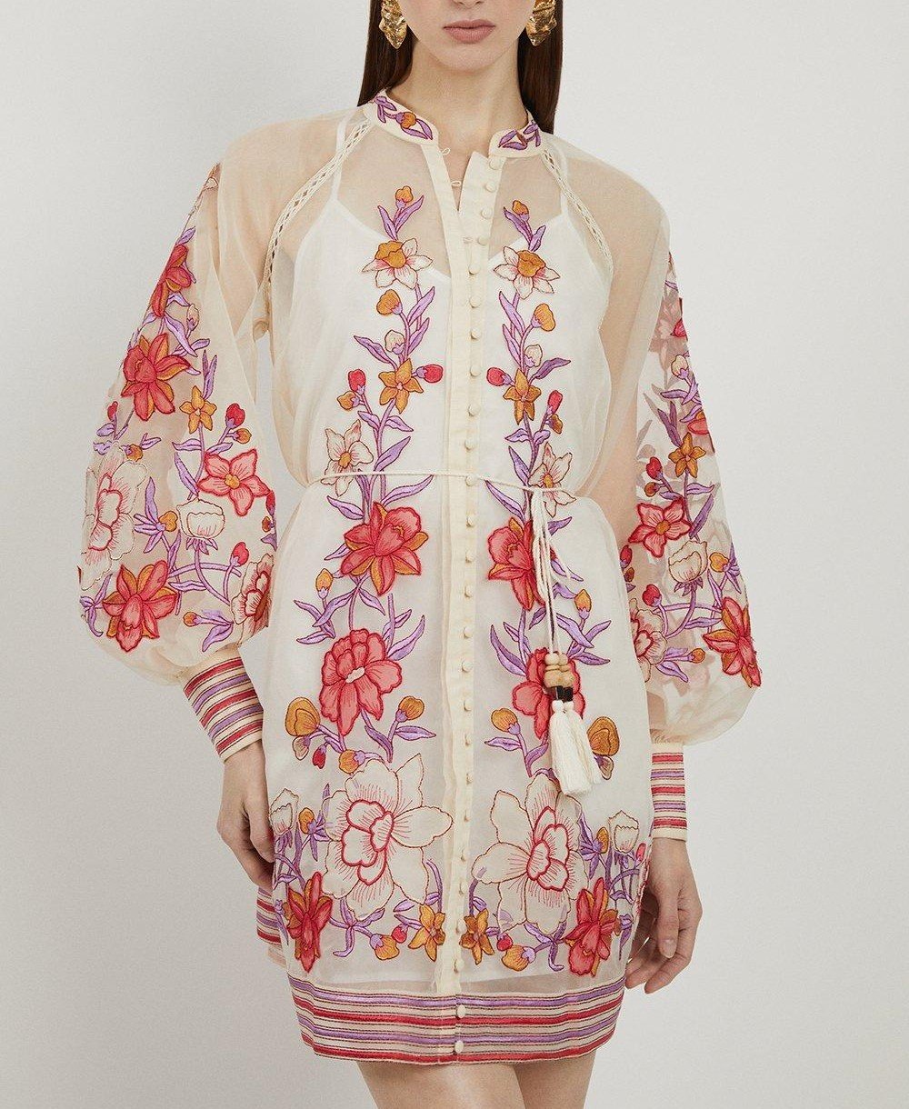 Floral Embroidery Organdie Woven Mini Dress