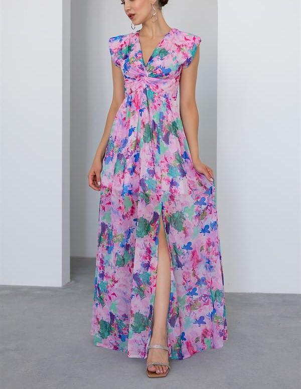 Open-shoulder Printed Chiffon Dress