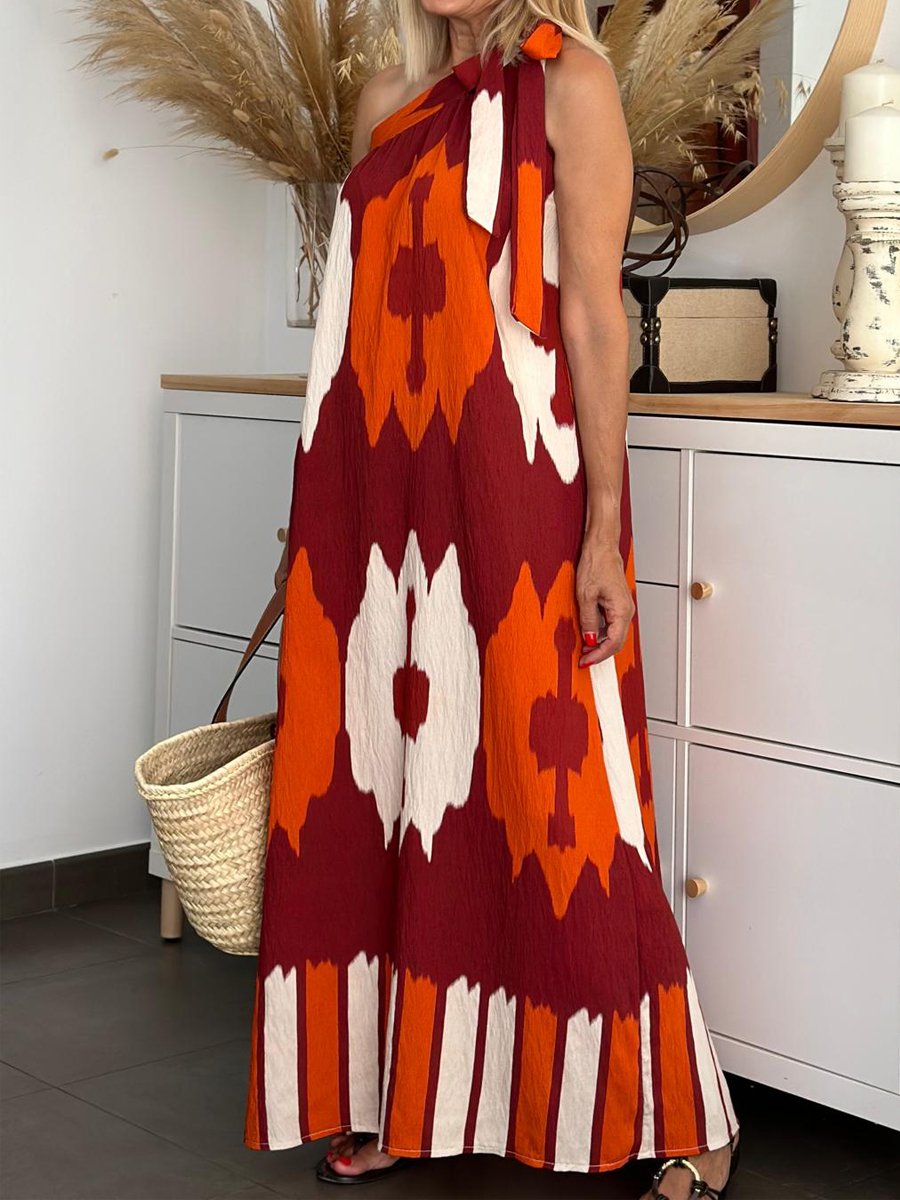 One Shoulder Printed Loose Maxi Dress