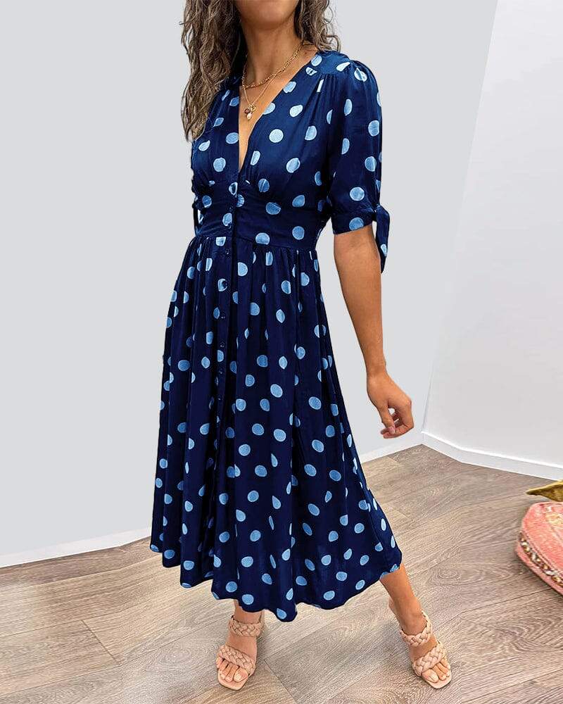 Deep V-neck Polka-dot Dress