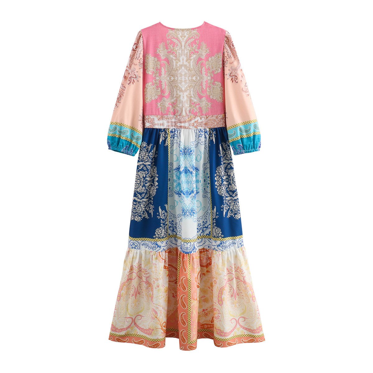 Special Ethnic Print Puff Sleeve V Neck Maxi Dress