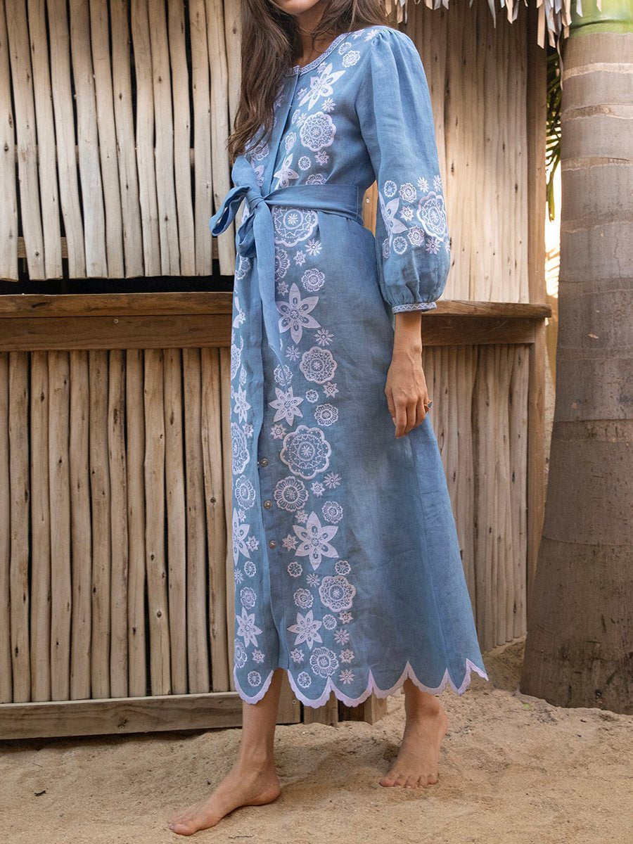 Printed Embroidered Long Sleeve Maxi Dress