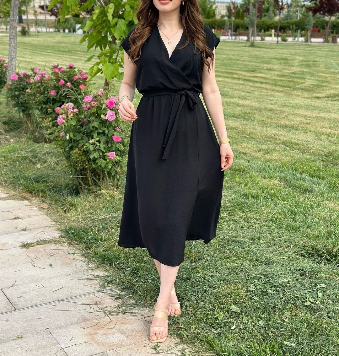 V-Neck Solid Bow Lace-Up Midi Dress